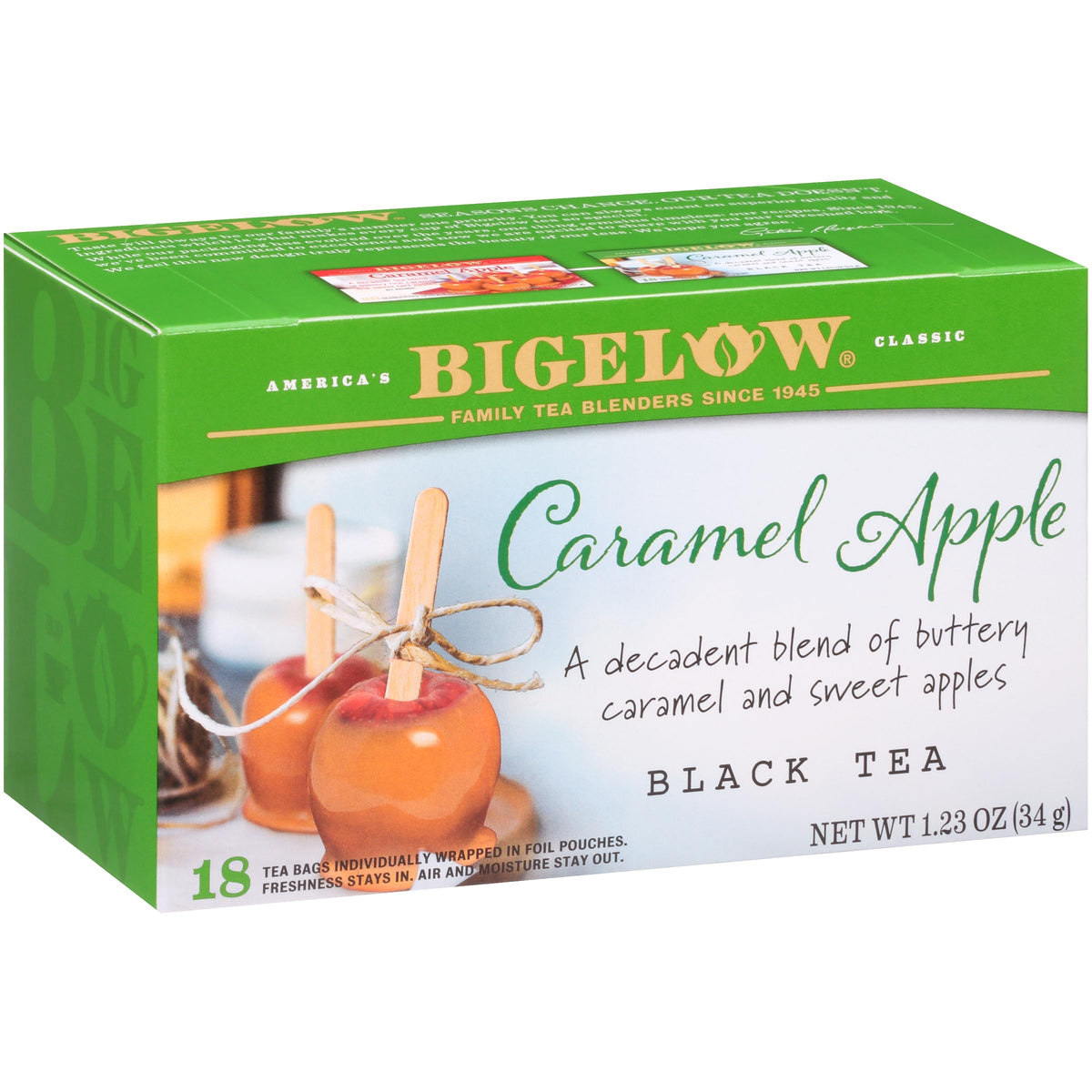 Bigelow Caramel Apple Black Tea bags ready to brew for a festive cup