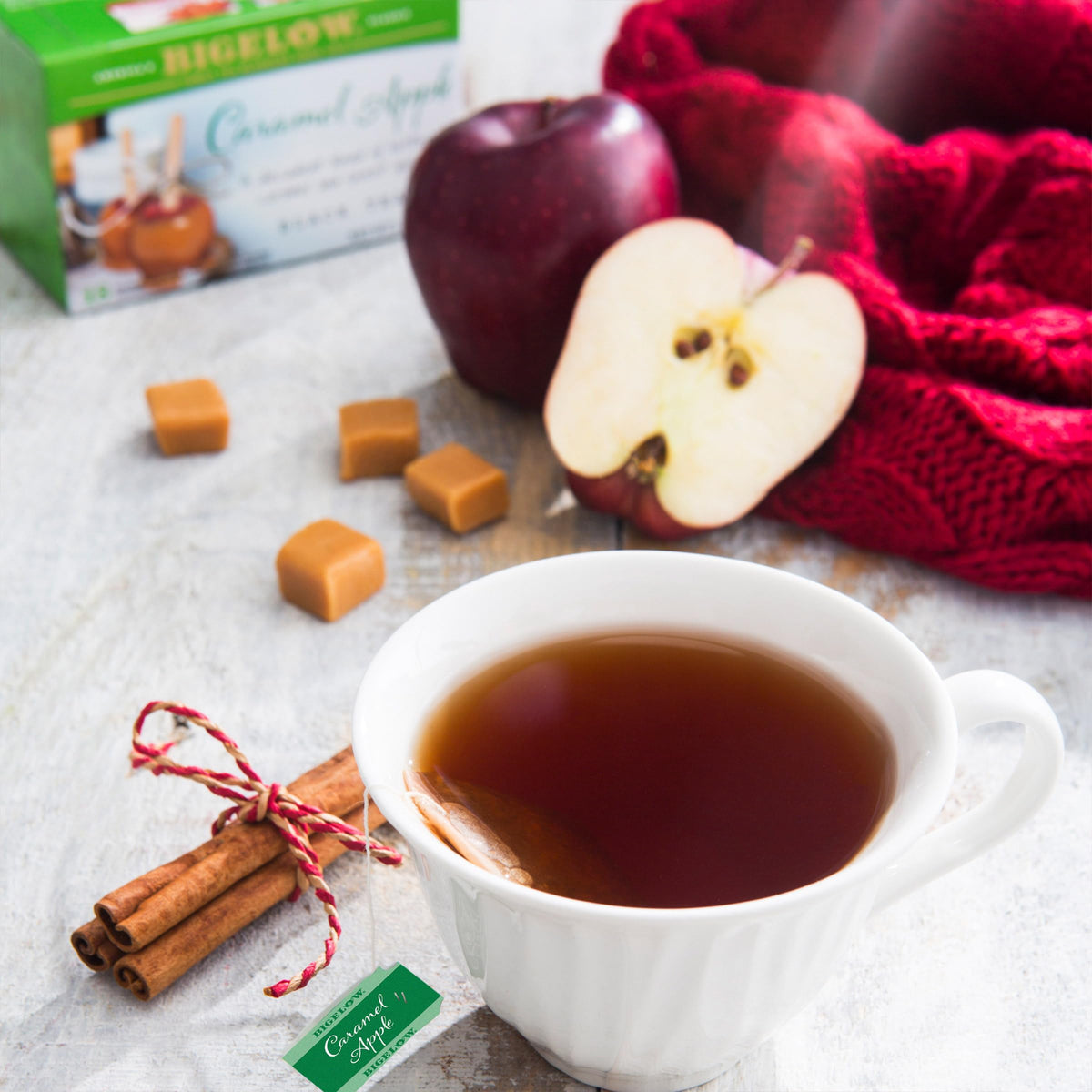 Steam rising from a cup of Bigelow Caramel Apple Black Tea while steeping