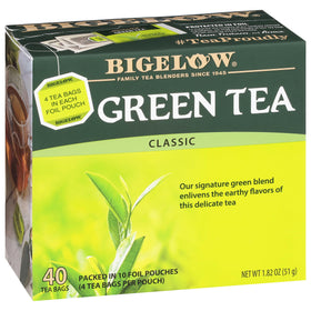 Bigelow Classic Green Tea Bags packaging with six boxes for convenient daily brewing.