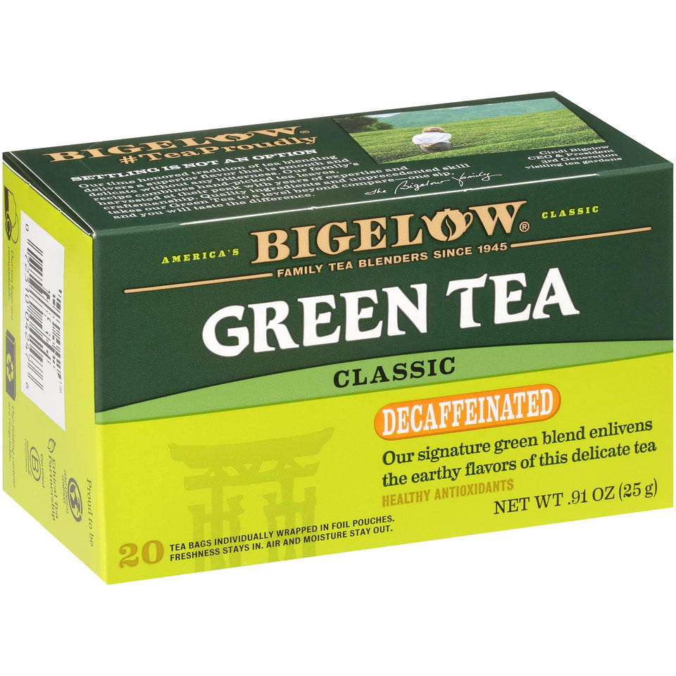 Bigelow Classic Green Tea Decaf bags offer a smooth, caffeine-free cup.