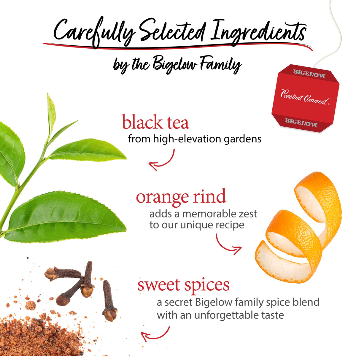 Individually wrapped tea bags highlight aroma and spice detail in Constant Comment blend.