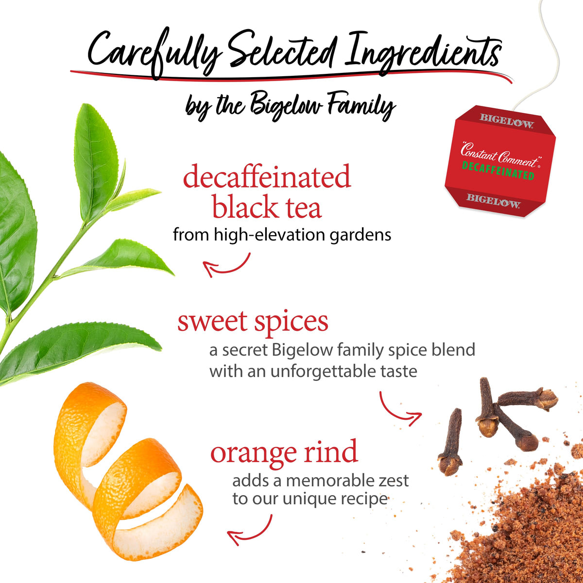 Bigelow Constant Comment Decaf tea in a steaming cup