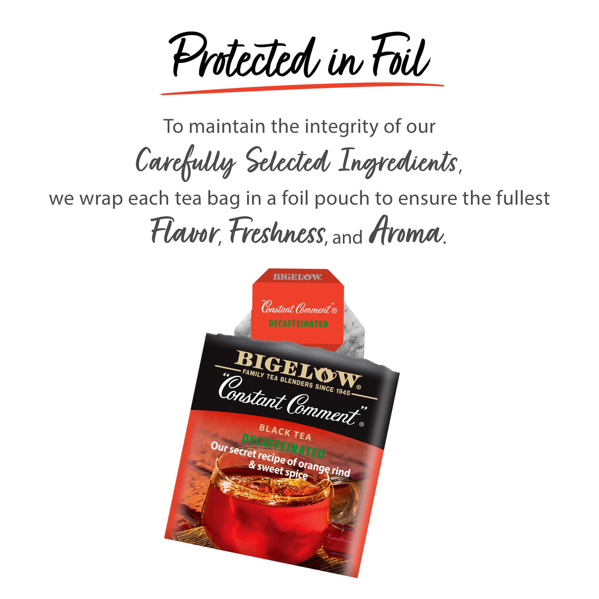 Bigelow Constant Comment Decaf tea showing orange rind and spice notes