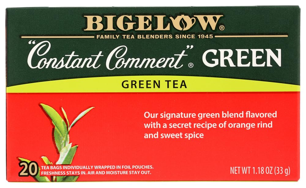 Bigelow Constant Comment Green Tea bags in a box for daily refreshment.