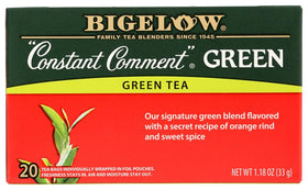 Bigelow Constant Comment Green Tea bags in a box for daily refreshment.