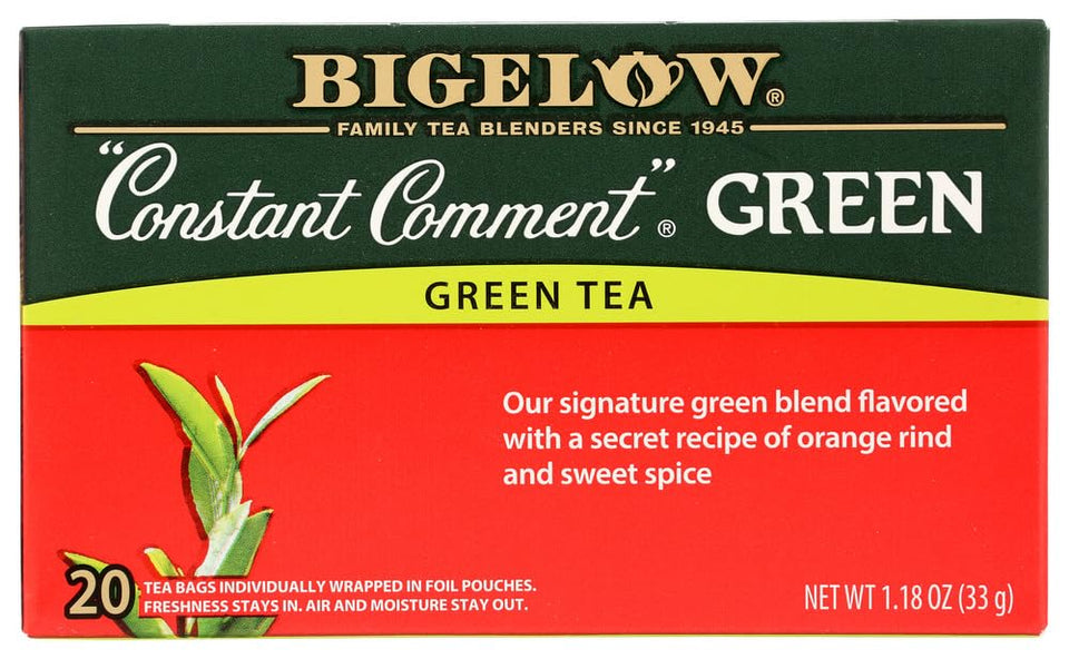 Bigelow Constant Comment Green Tea bags in a box for daily refreshment.