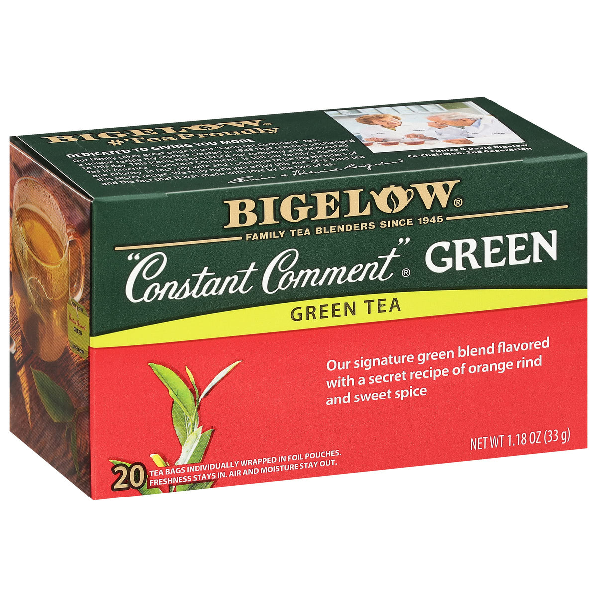 Bigelow Constant Comment Green Tea bags arranged for everyday use and convenience