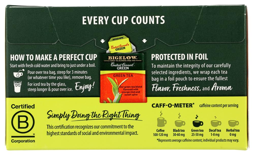 Steaming cup of Bigelow Constant Comment Green Tea ready to enjoy.