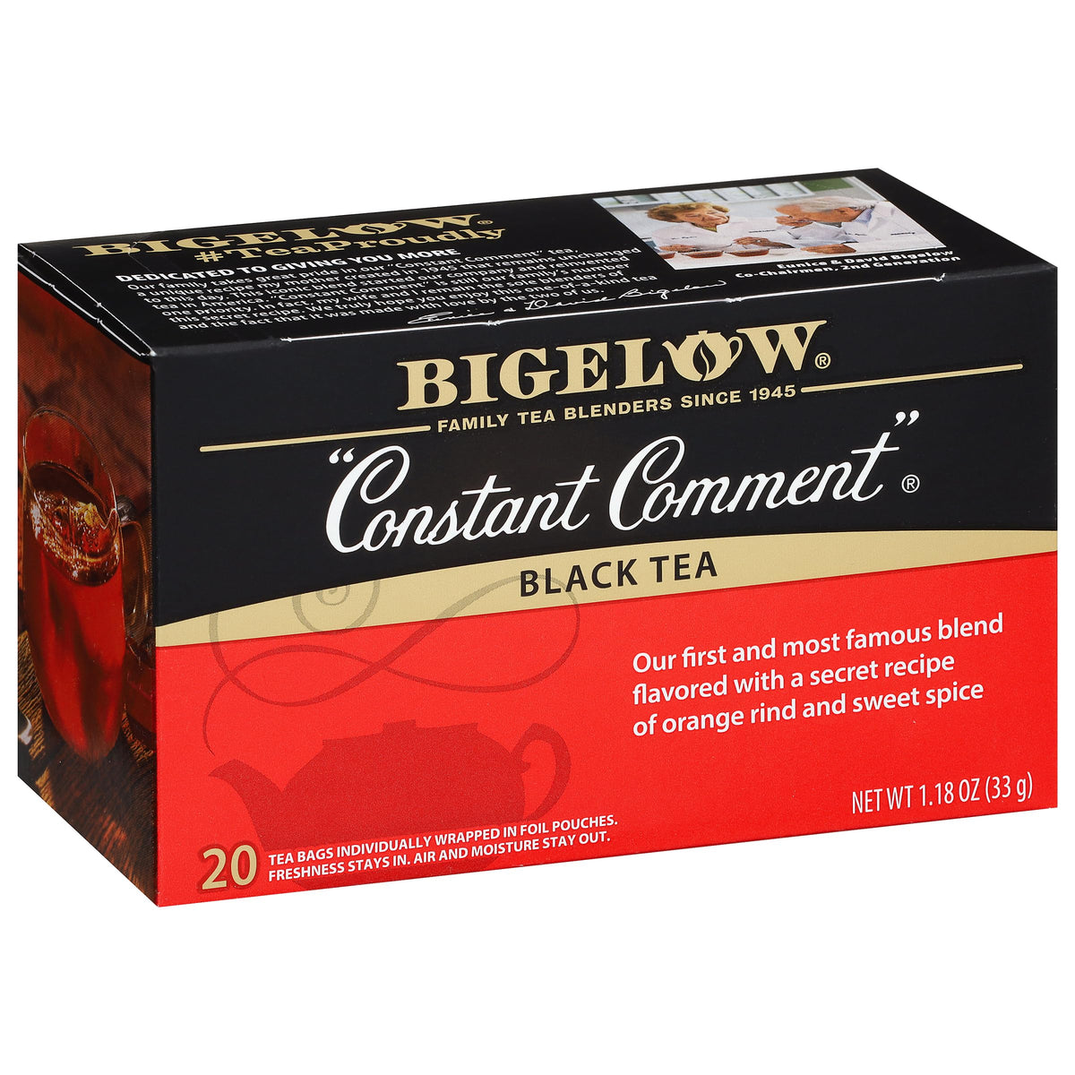 Bigelow Constant Comment tea bags in a pack front view, preserving freshness and flavor for anytime brew.