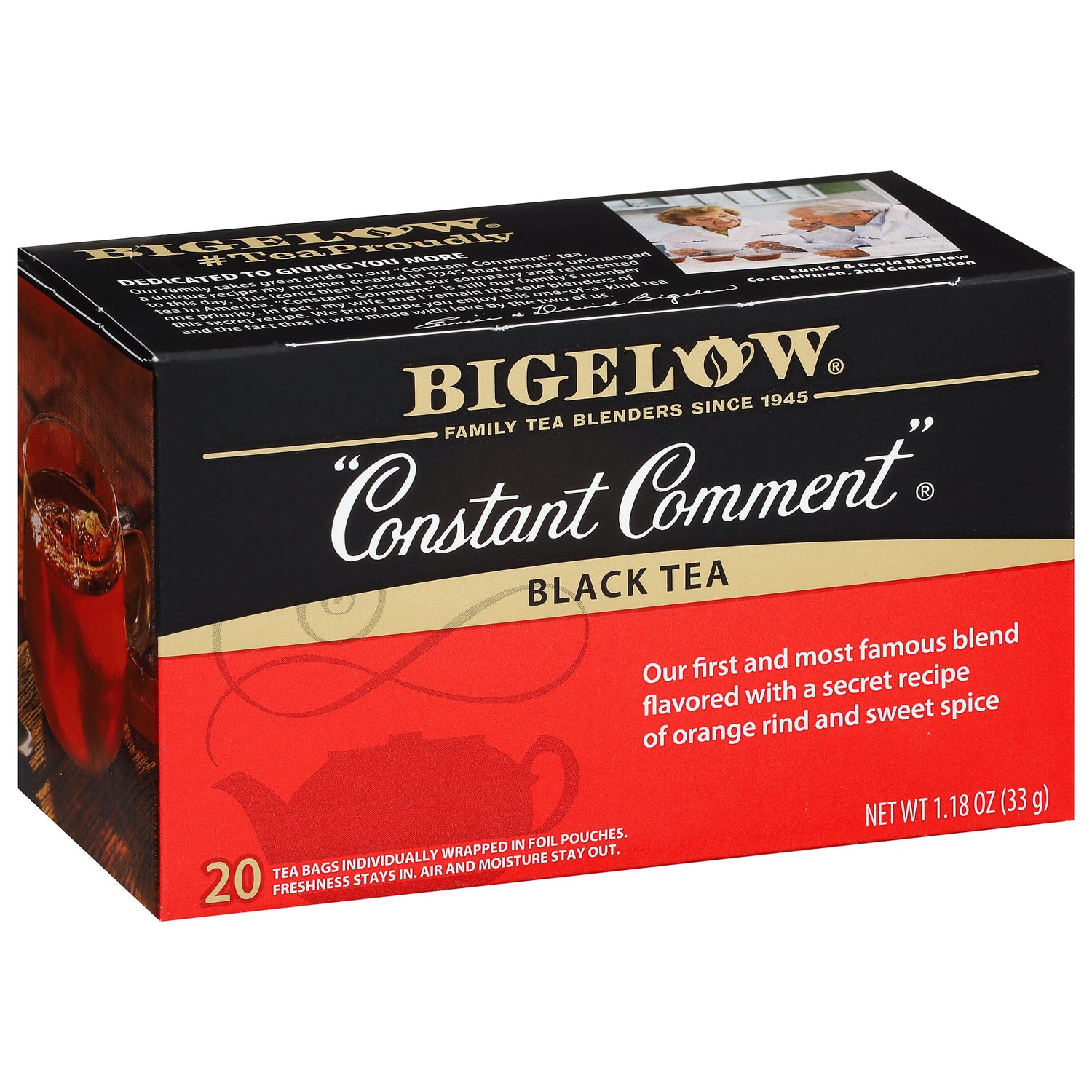 Bigelow Constant Comment tea bags in a pack front view, preserving freshness and flavor for anytime brew.