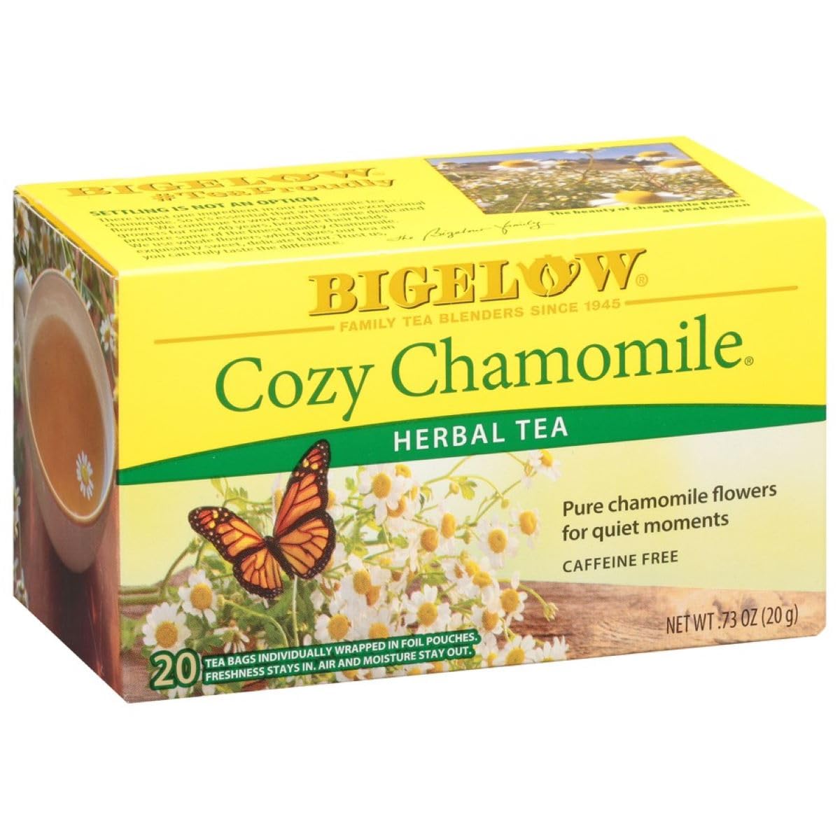 Bigelow Cozy Chamomile tea bags offer a caffeine-free, soothing moment.