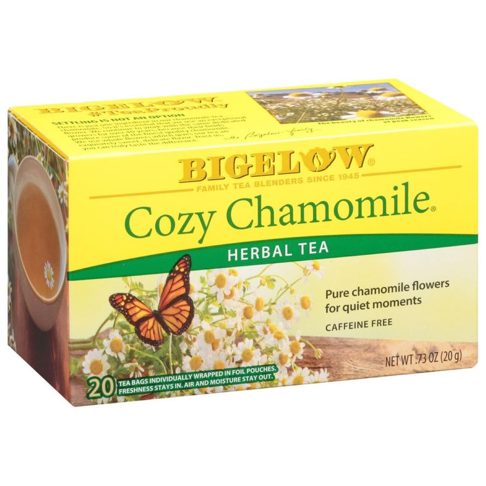 Bigelow Cozy Chamomile tea bags offer a caffeine-free, soothing moment.