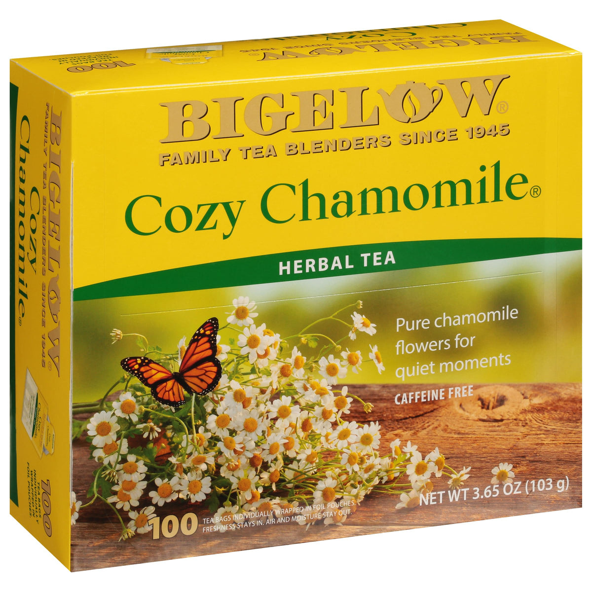 Bigelow Cozy Chamomile Tea bag in foil pouch for peak flavor and freshness.