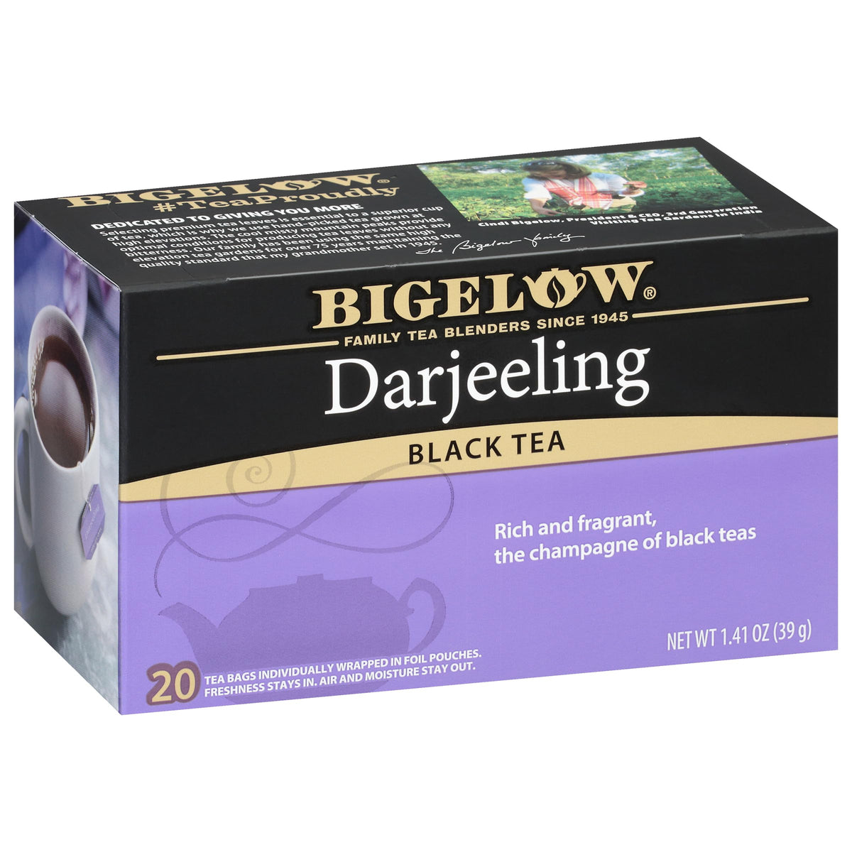 Bigelow Darjeeling box front, six-pack, premium black tea.