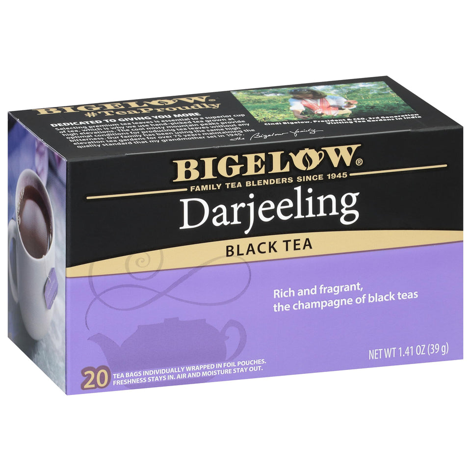 Bigelow Darjeeling box front, six-pack, premium black tea.