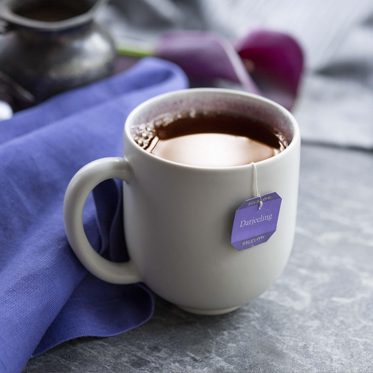 Close-up of Bigelow Darjeeling tea bags for peak freshness.