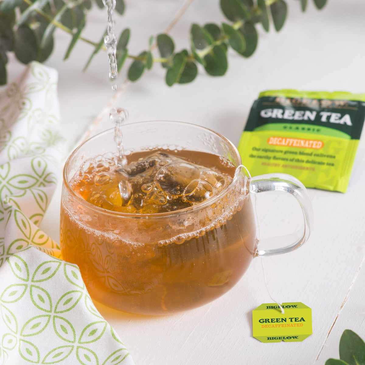 Bigelow decaf green tea bags in foil pouches preserve freshness.
