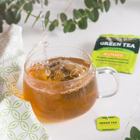 Bigelow decaf green tea bags in foil pouches preserve freshness.