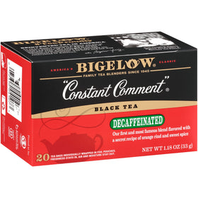 Bigelow Constant Comment Decaf tea bags in a box for quick brewing