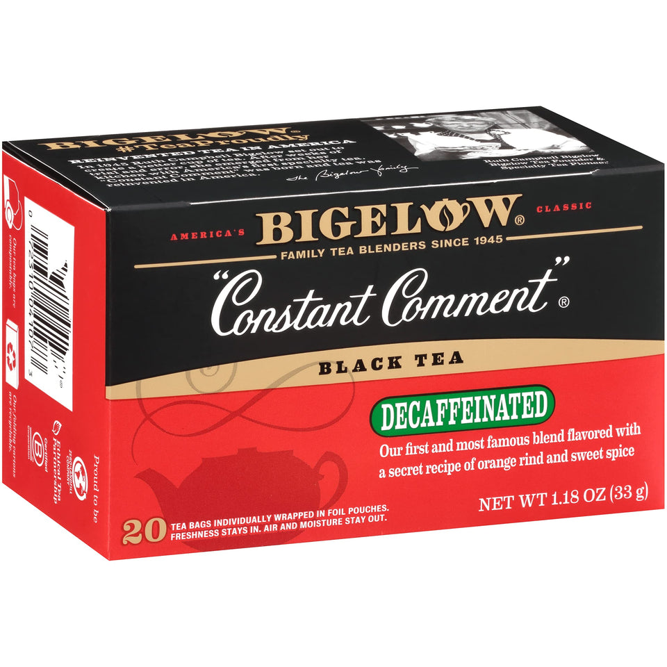 Bigelow Constant Comment Decaf tea bags in a box for quick brewing