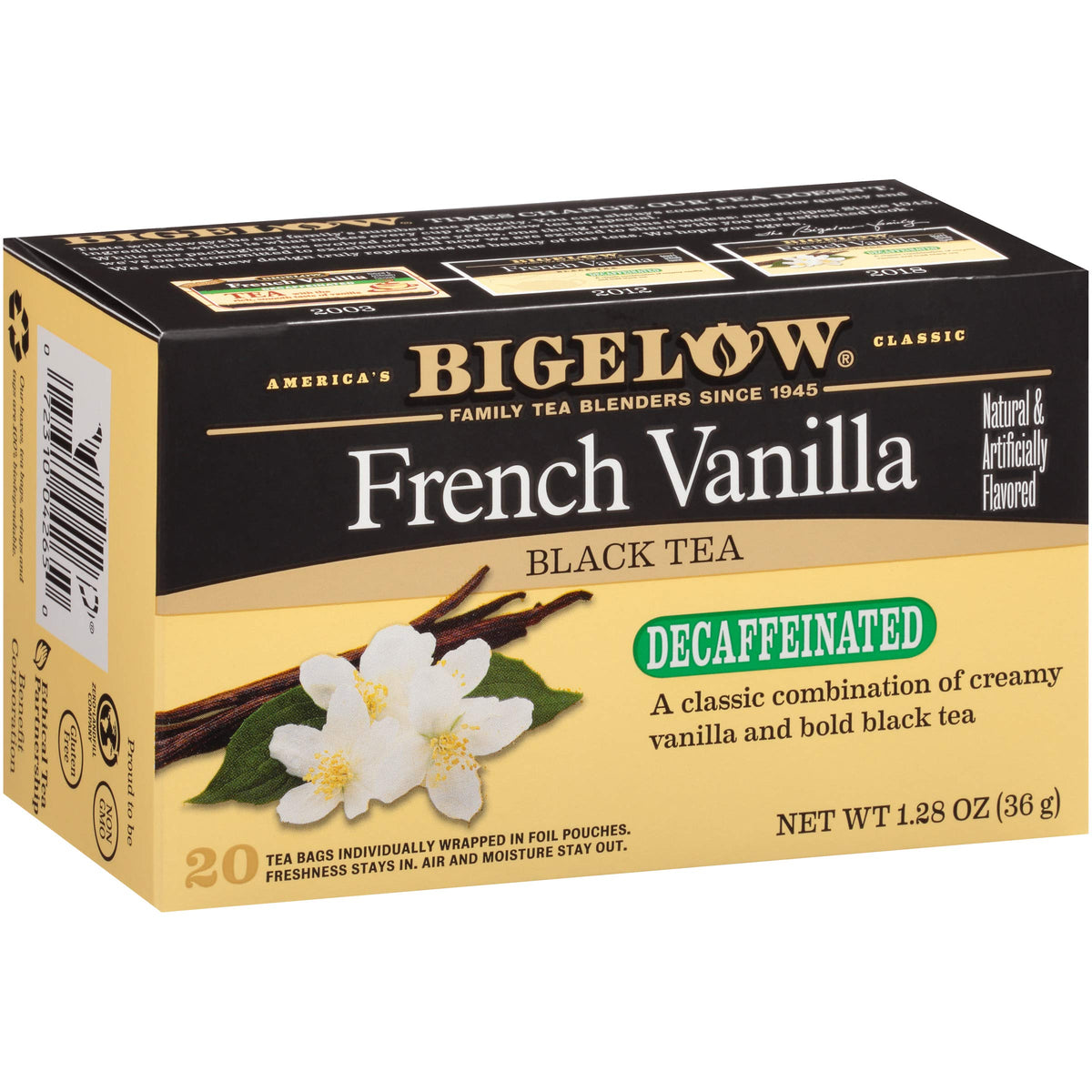 Bigelow Decaffeinated French Vanilla Tea bags in a box offering smooth vanilla flavor.