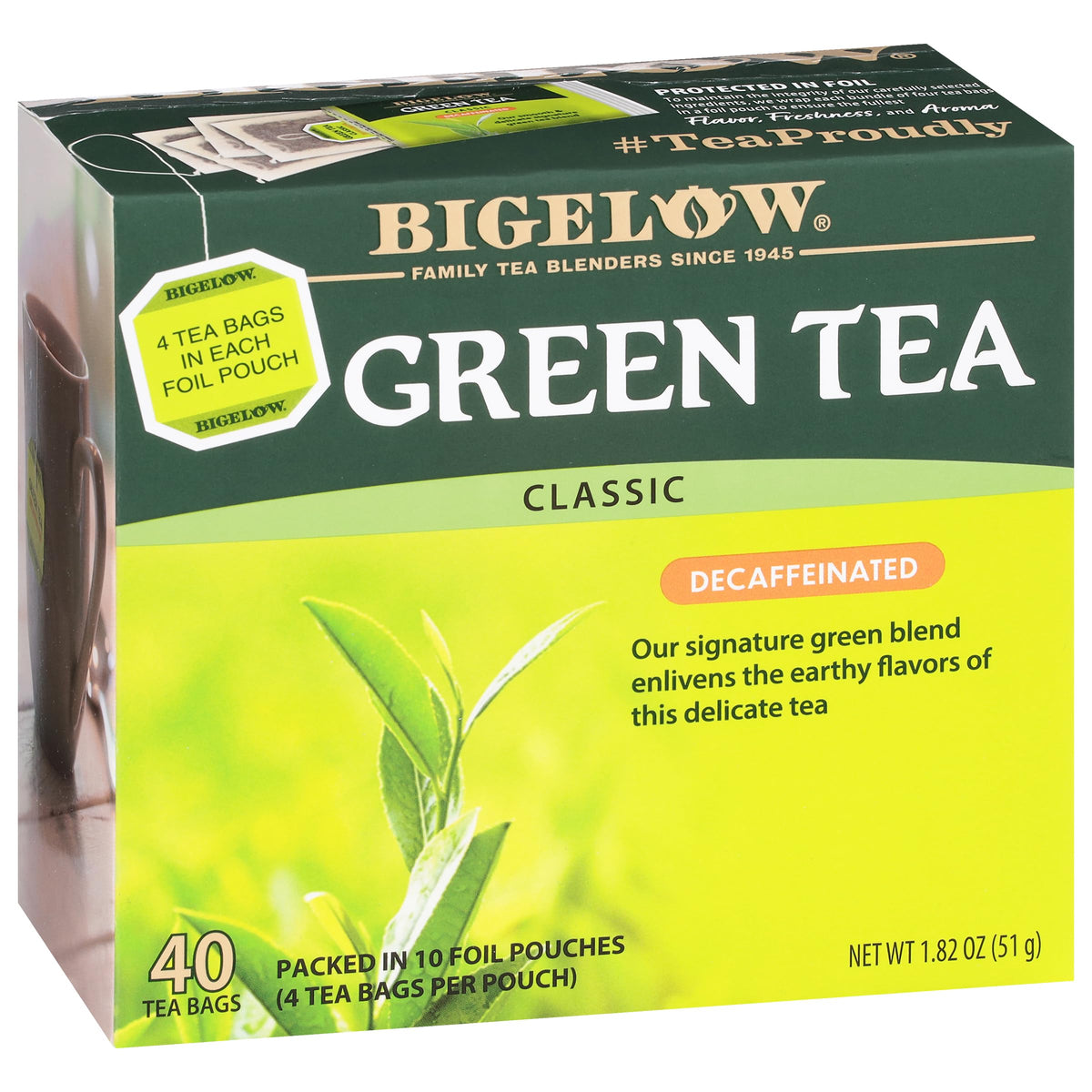 Bigelow Decaffeinated Green Tea bags in a 40-count box for easy brewing.