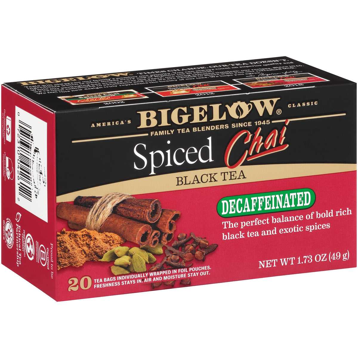 Bigelow Decaffeinated Spiced Chai box ready for cozy mornings.