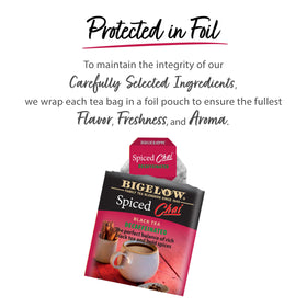 Bigelow Decaffeinated Spiced Chai spices close-up highlights flavor.