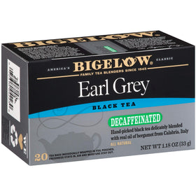 Bigelow Earl Grey decaf tea bags showcase bold flavor without caffeine, ideal for evenings.