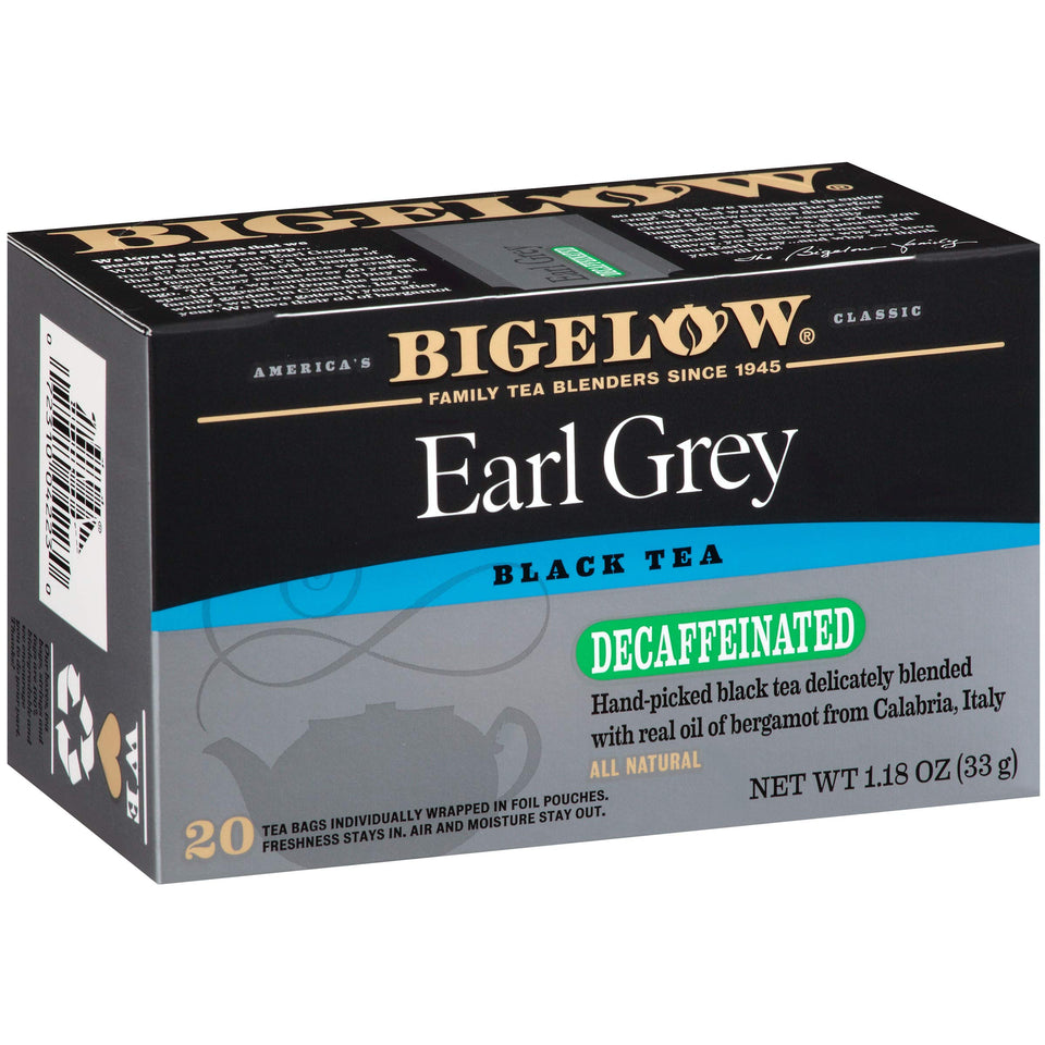 Bigelow Earl Grey decaf tea bags showcase bold flavor without caffeine, ideal for evenings.
