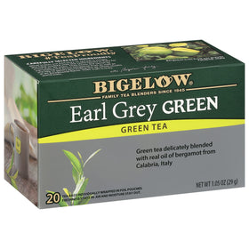Bigelow Earl Grey Green Tea bags in foil pouches preserve freshness for on-the-go.