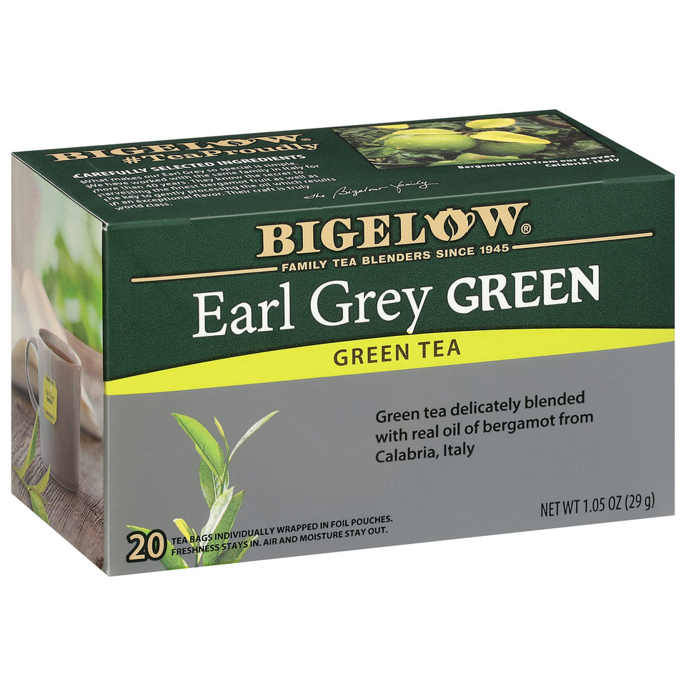 Bigelow Earl Grey Green Tea bags in foil pouches preserve freshness for on-the-go.