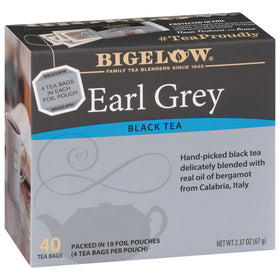 Bigelow Earl Grey tea bags box shows bergamot aroma for everyday mornings