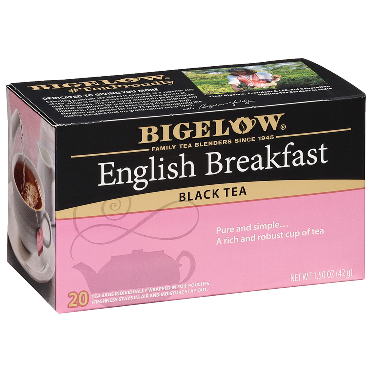 Bigelow English Breakfast box packshot showing bold, caffeinated tea for a strong morning boost.