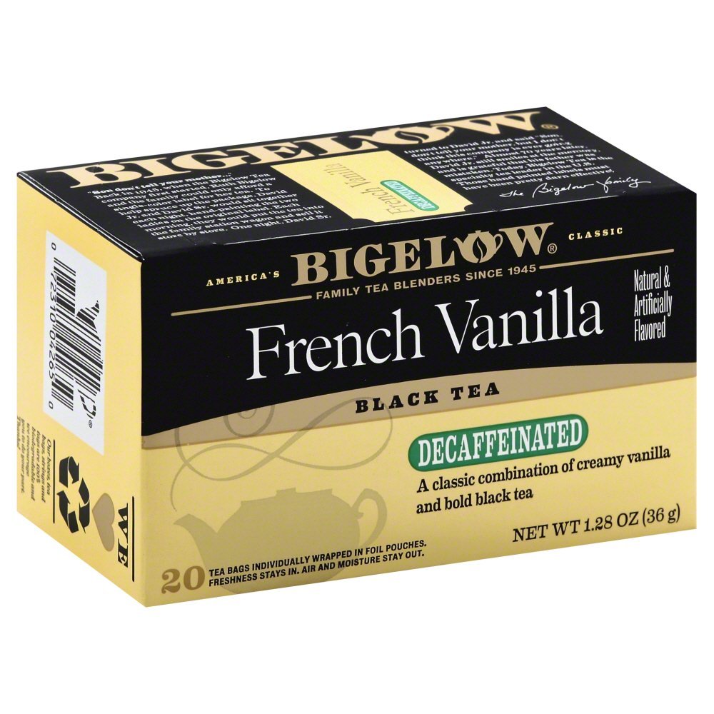 Bigelow French Vanilla Decaf Tea cup, caffeine-free vanilla aroma for a relaxing evening