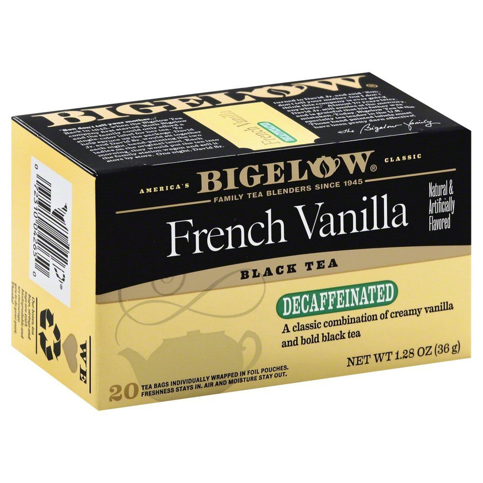 Bigelow French Vanilla Decaf Tea cup, caffeine-free vanilla aroma for a relaxing evening