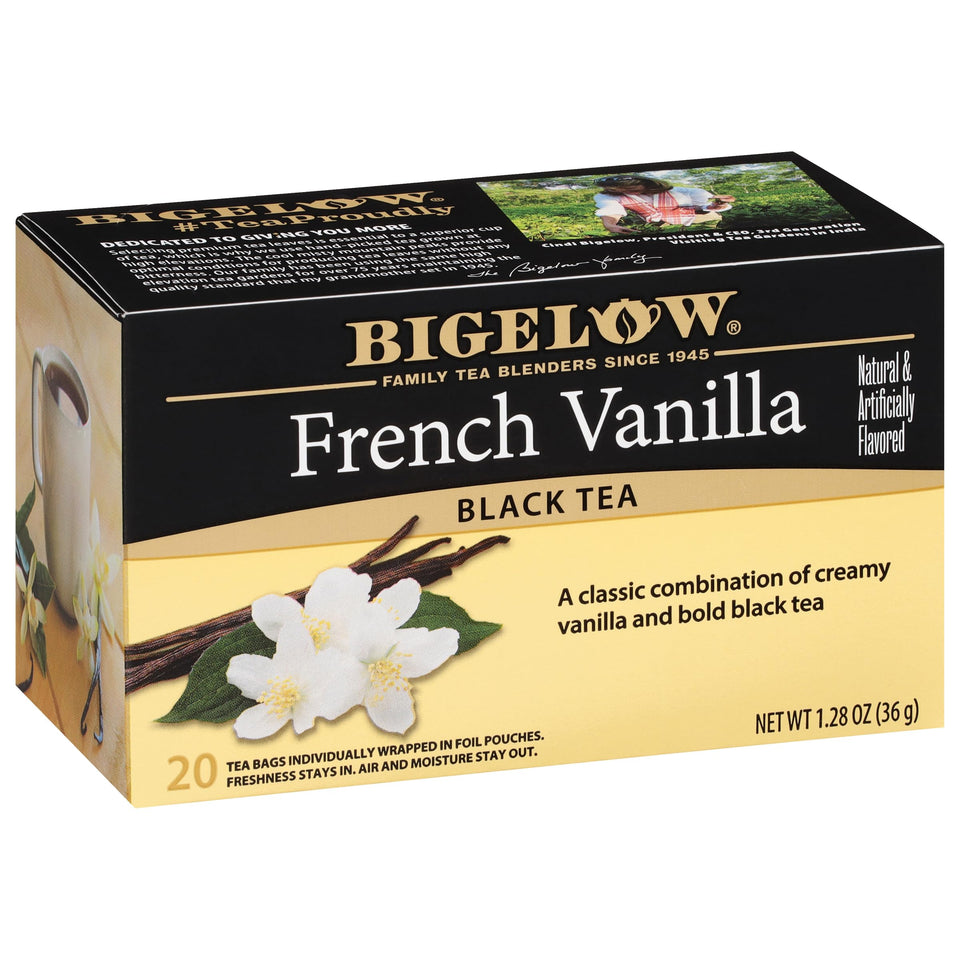 Bigelow French Vanilla Tea Bags in a box showing peak freshness and flavor