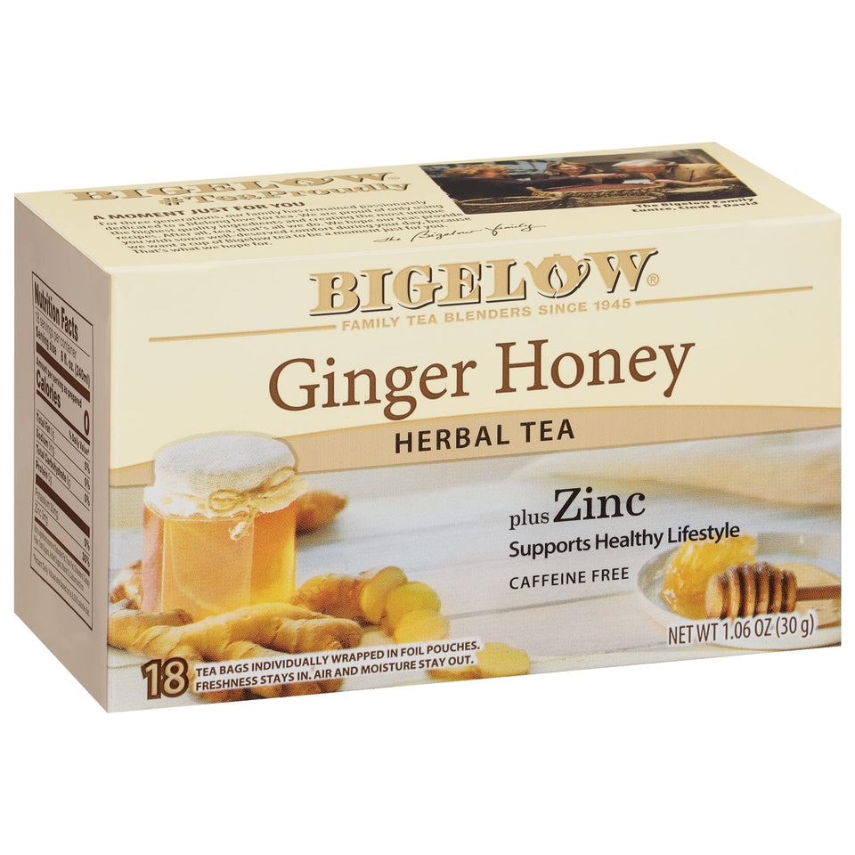 Bigelow Ginger Honey Plus Zinc tea bags ready for brewing