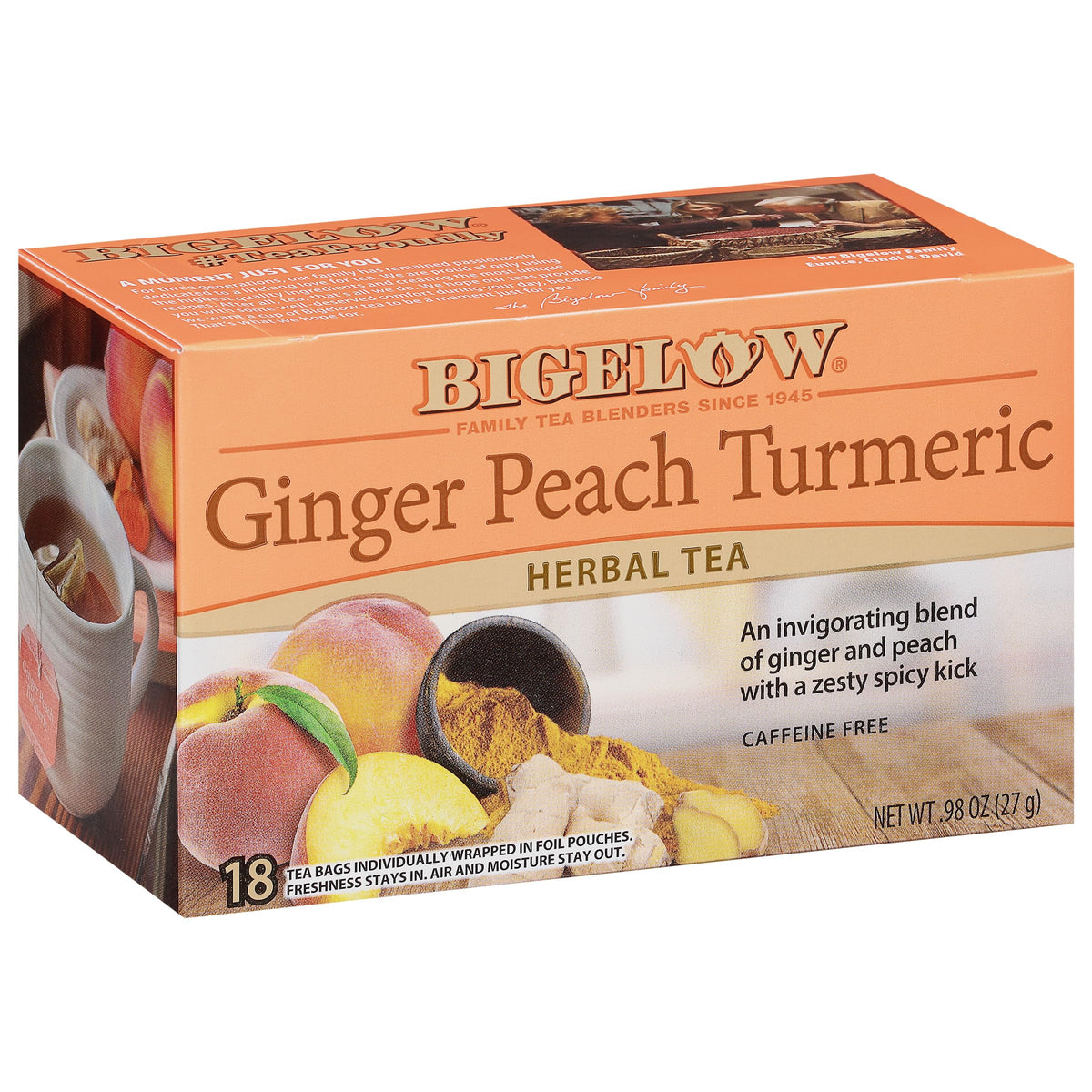 Bigelow Ginger Peach Turmeric Tea box showcases flavor-rich blend for cozy mornings