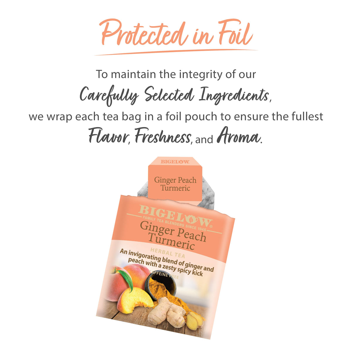 Bigelow Ginger Peach Turmeric Tea ready-to-brew for hot or iced beverages