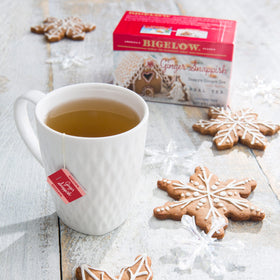 Bigelow tea bags closeup, individually wrapped for peak freshness on the go.