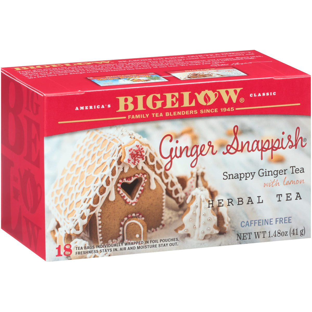 Bigelow Ginger Snappish Tea box front, showcasing a cozy holiday moment.