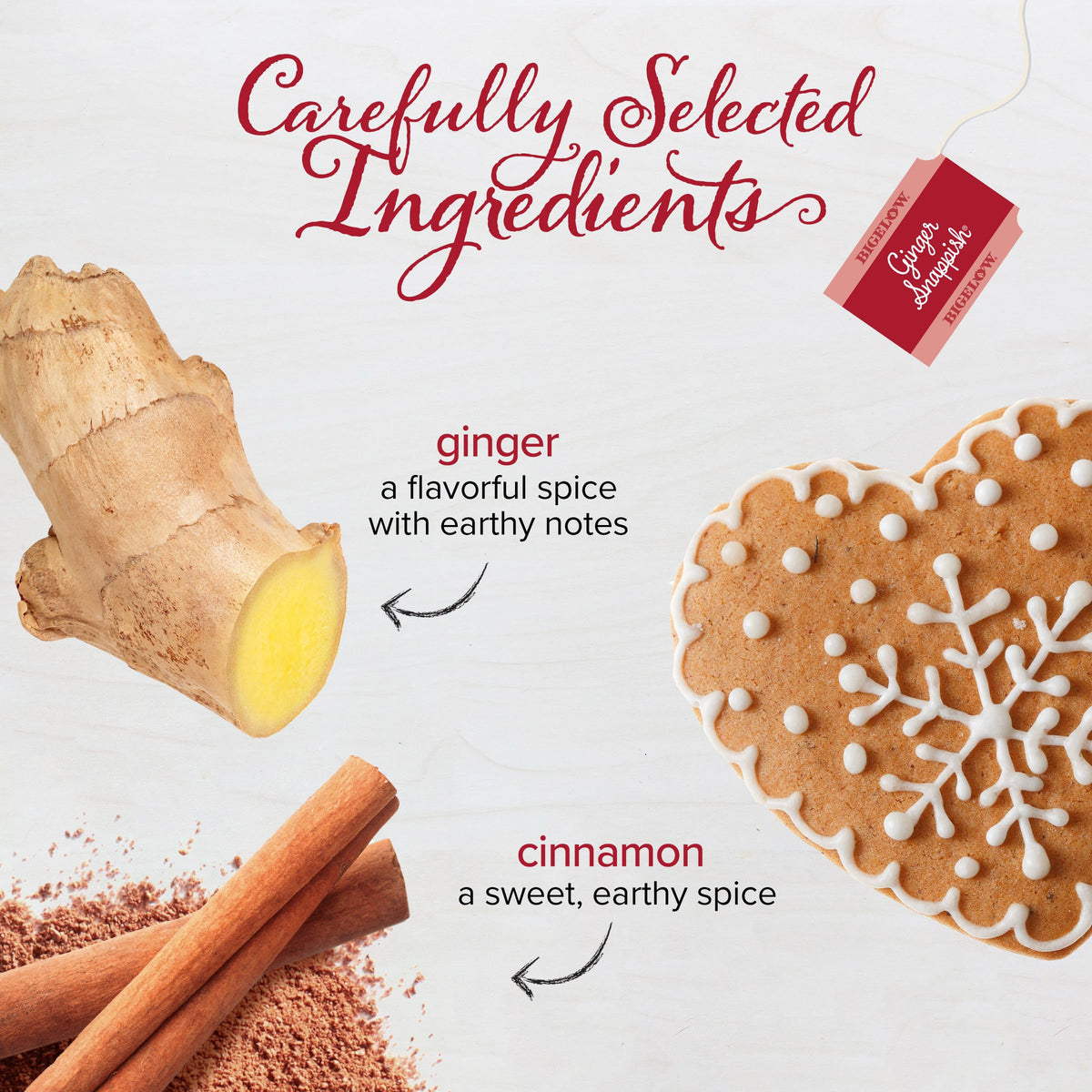 Bigelow Ginger Snappish Tea cup with steam, inviting warm, comforting aroma.