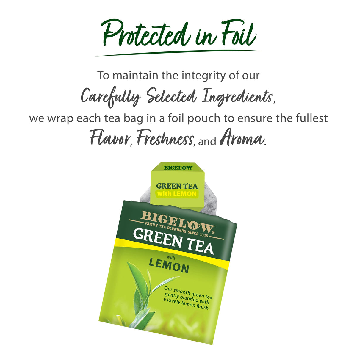 Bigelow Green with Lemon tea bag accented by lemon peel hints