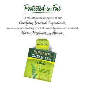 Bigelow Green with Lemon tea bag accented by lemon peel hints