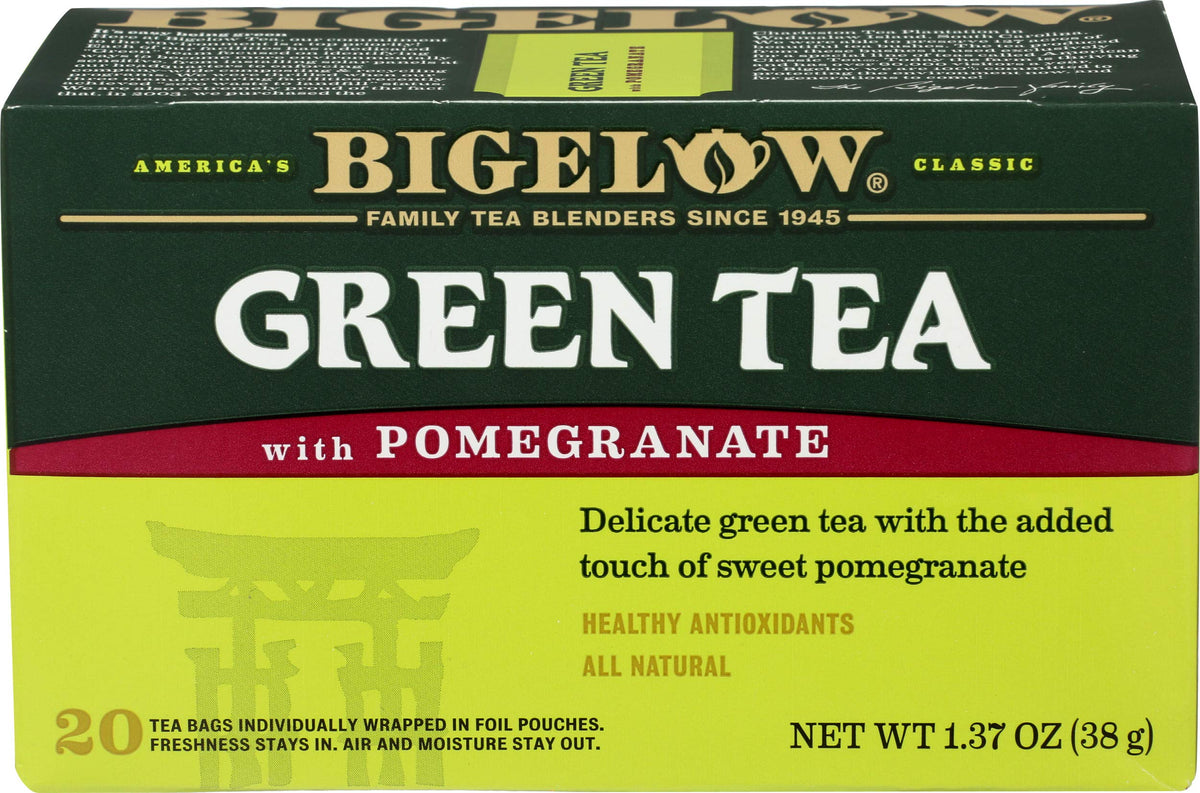 Bigelow Green with Pomegranate tea bags in a 3-pack display for convenient purchases