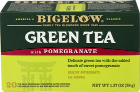 Bigelow Green with Pomegranate tea bags in a 3-pack display for convenient purchases