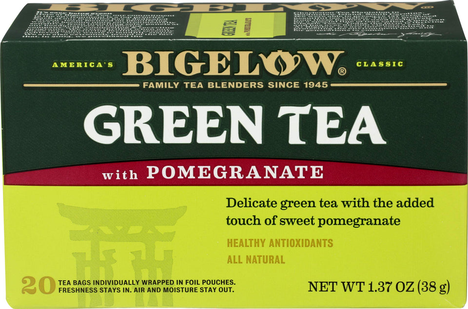 Bigelow Green with Pomegranate tea bags in a 3-pack display for convenient purchases