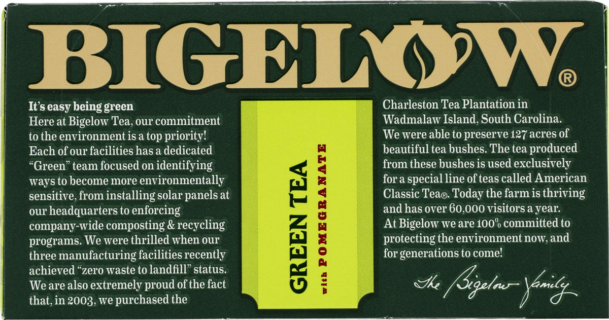 Box of Bigelow Green with Pomegranate tea boxes ready for daily use