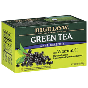 Bigelow Green Tea with Elderberry Plus Vitamin C tea bags in a box, ready for daily brew.